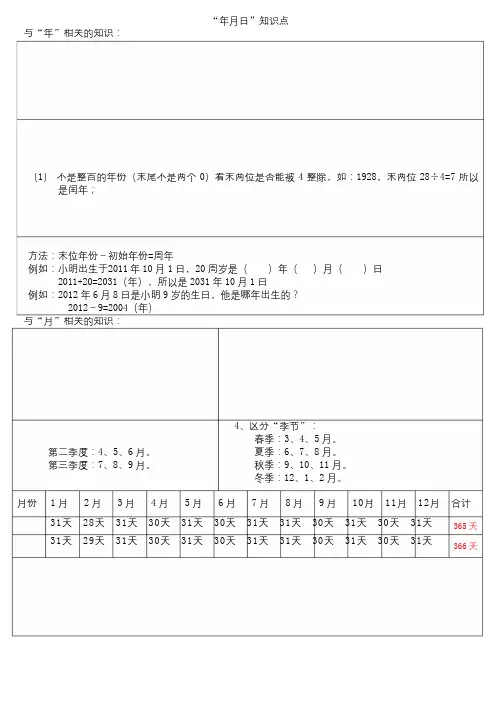 北师大三年级上册数学【第七单元年月日知识点汇总】