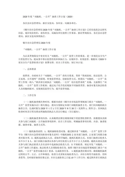 2020年度“双随机、一公开”抽查工作计划(2020)