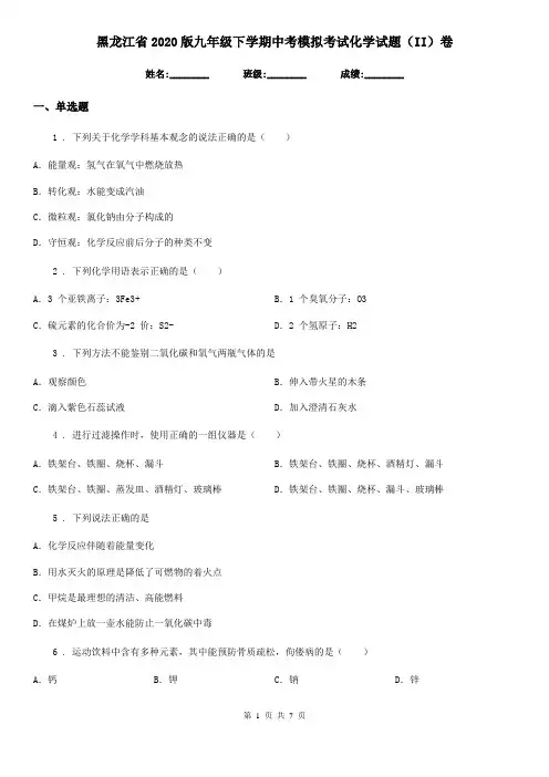黑龙江省2020版九年级下学期中考模拟考试化学试题(II)卷