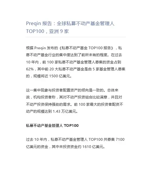 Preqin报告：全球私募不动产基金管理人TOP100,亚洲9家