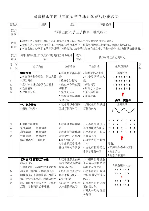 水平四《排球正面双手传球》教学设计