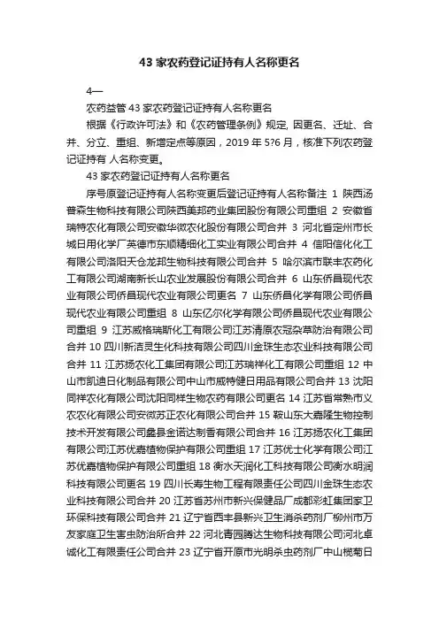 43家农药登记证持有人名称更名