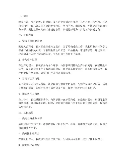 铝业个人工作总结范文
