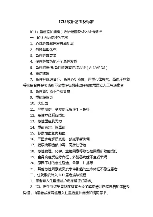 ICU收治范围及标准