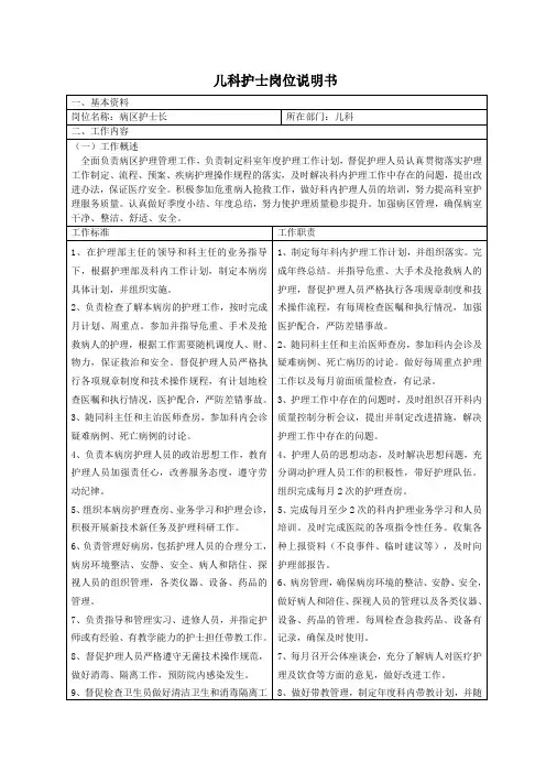 儿科护士长岗位说明书 2