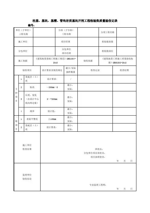 柱基、基坑、基槽、管沟岩质基坑开挖工程检验批质量验收记录
