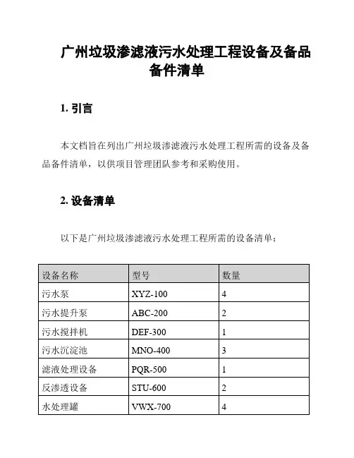 广州垃圾渗滤液污水处理工程设备及备品备件清单