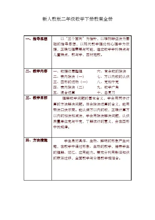 (全册系列精选)新人教版二年级数学下册教学计划及全册表格式教案 2