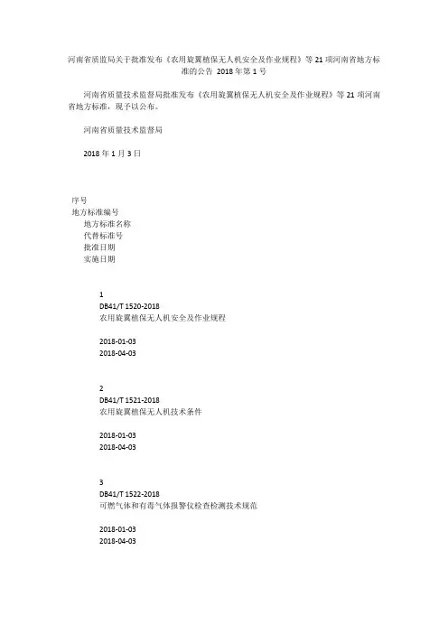 河南省质监局关于批准发布《农用旋翼植保无人机安全及作业规程》等21项河南省地方标准的公告 2018年第1号