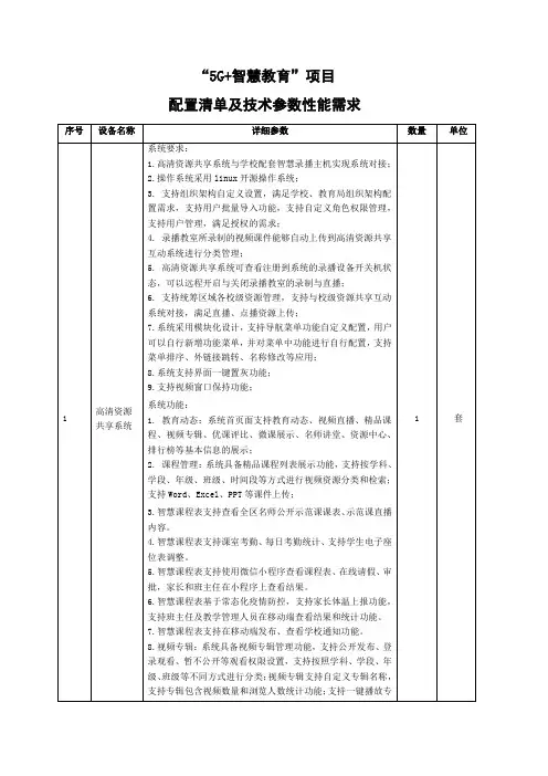 5G智慧教育项目配置清单及技术参数性能需求(33页)