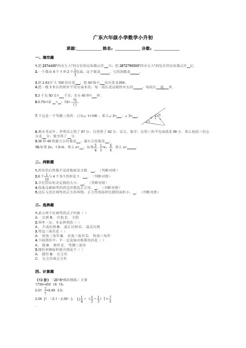 广东六年级小学数学小升初带答案解析
