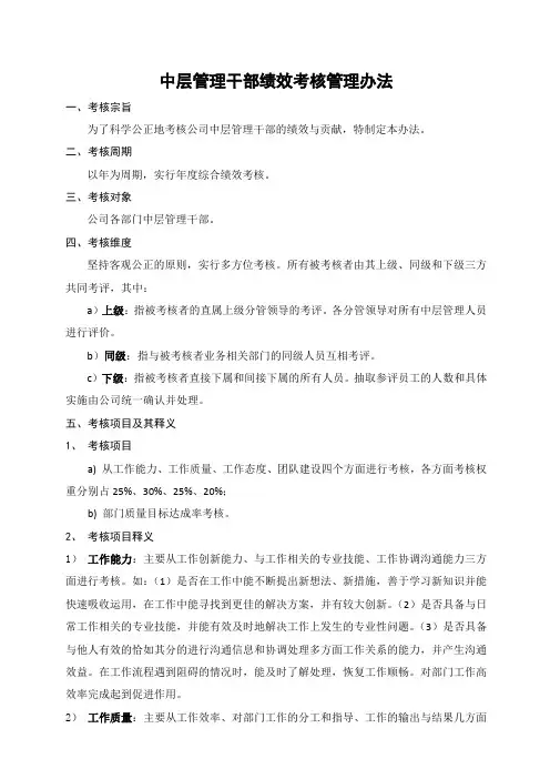 年度中层管理干部绩效考核管理办法