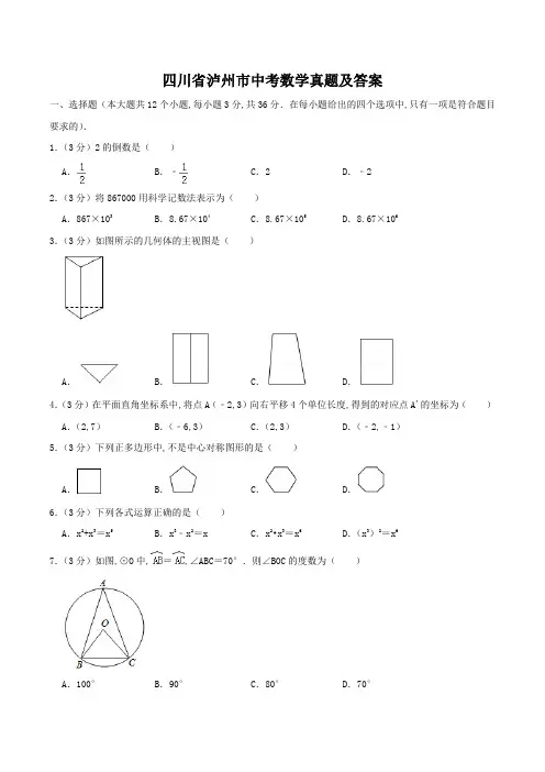 四川省泸州市中考数学真题及答案