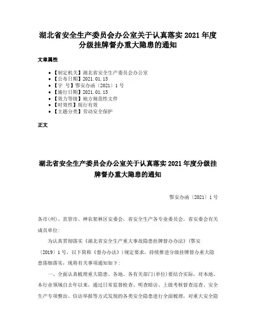 湖北省安全生产委员会办公室关于认真落实2021年度分级挂牌督办重大隐患的通知