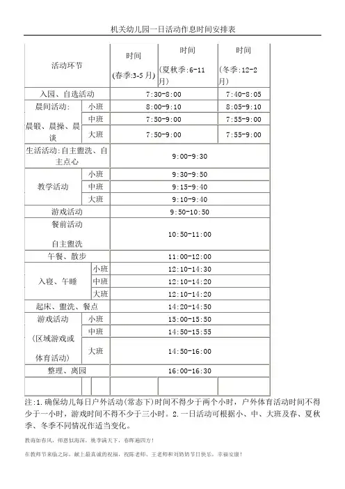 机关幼儿园一日活动作息时间安排表