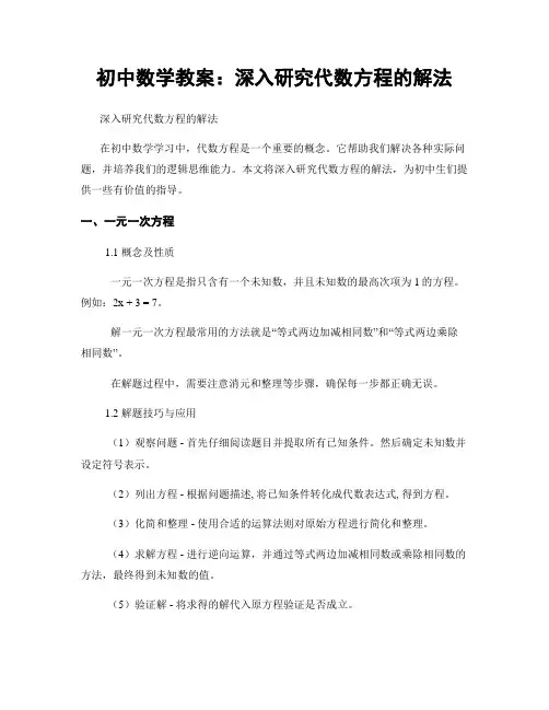 初中数学教案：深入研究代数方程的解法