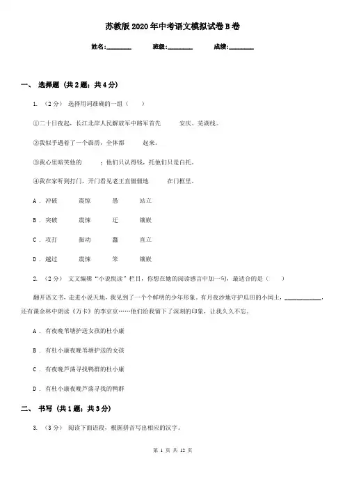 苏教版2020年中考语文模拟试卷B卷