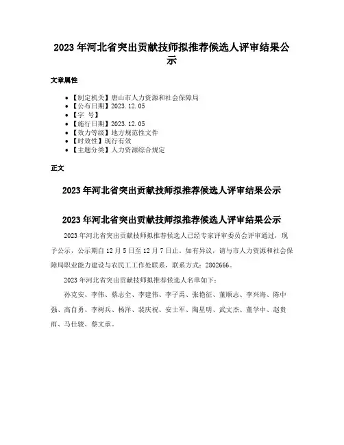 2023年河北省突出贡献技师拟推荐候选人评审结果公示