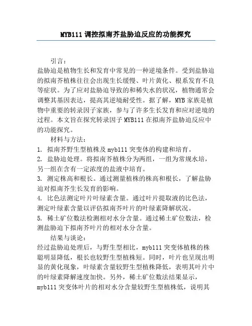 MYB111调控拟南芥盐胁迫反应的功能研究