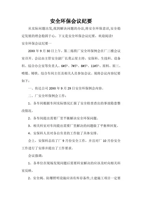 会议纪要 安全环保会议纪要