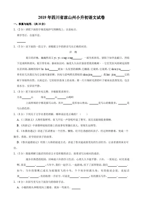 2019年四川省凉山州小升初语文试卷含答案及解析