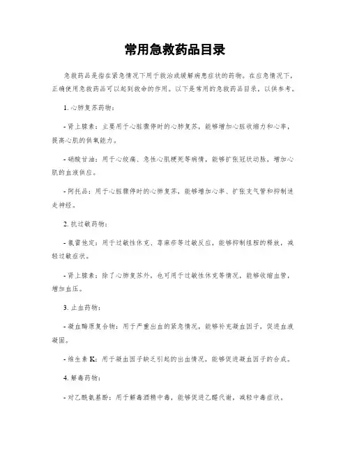 常用急救药品目录