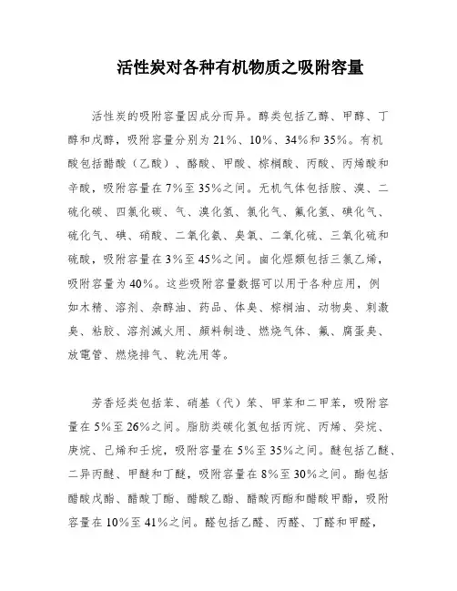 活性炭对各种有机物质之吸附容量