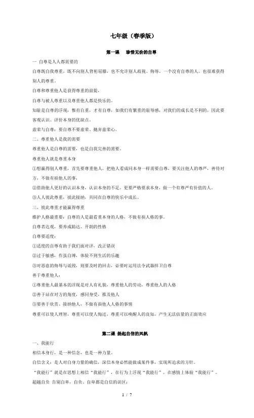 人教版思想品德七年级下册教材系统复习知识点总结
