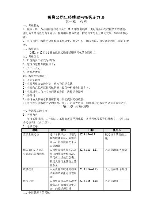 投资公司年终绩效考核实施办法