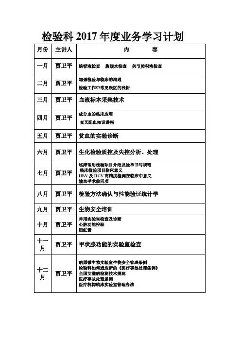 2017检验科业务学习计划