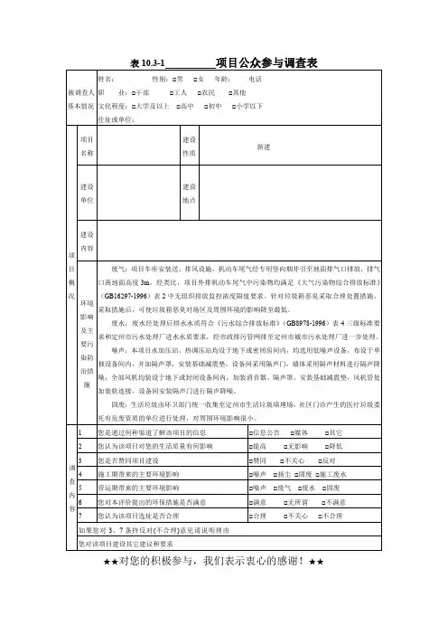 项目公众参与调查表表10
