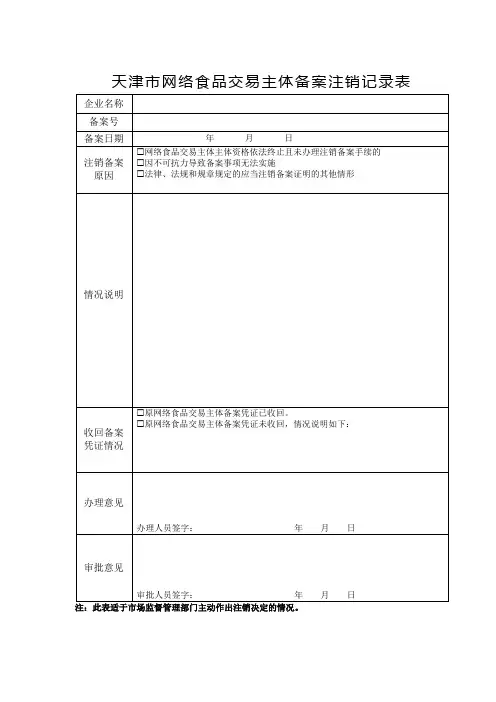天津市网络食品交易主体备案注销记录表