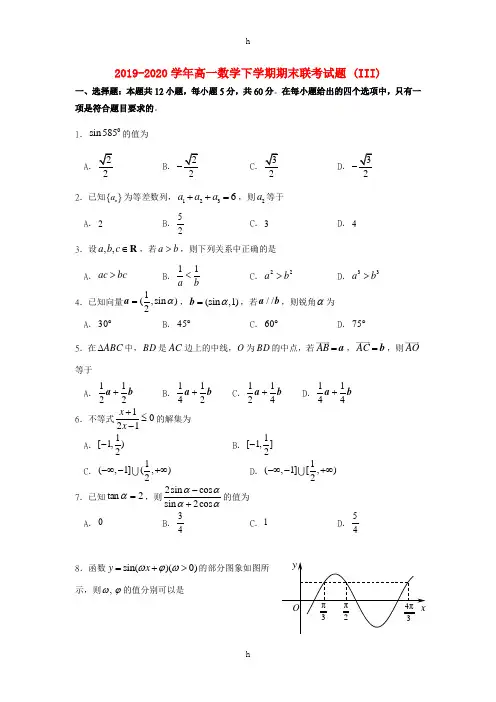 2019-2020学年高一数学下学期期末联考试题 (III)