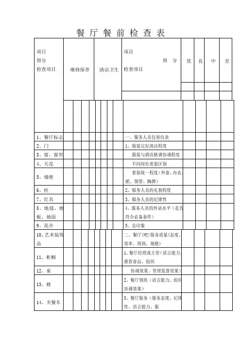 餐 厅 餐 前 检 查 表