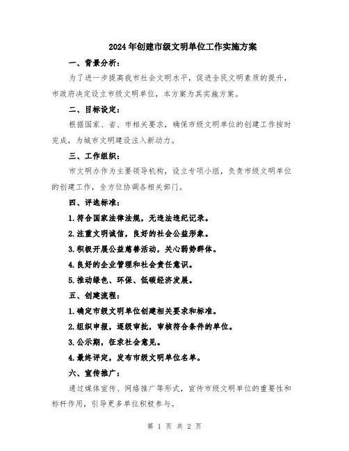 2024年创建市级文明单位工作实施方案