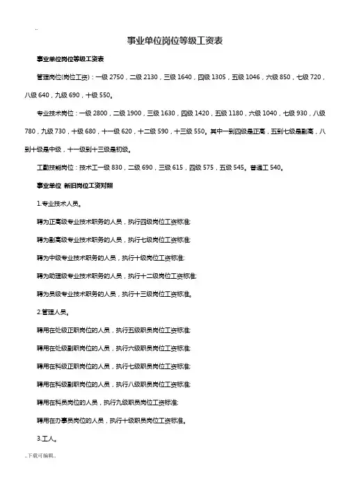 深圳事业单位岗位等级工资表