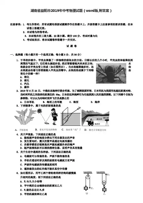 湖南省益阳市2019年中考物理试题(word版,附答案)