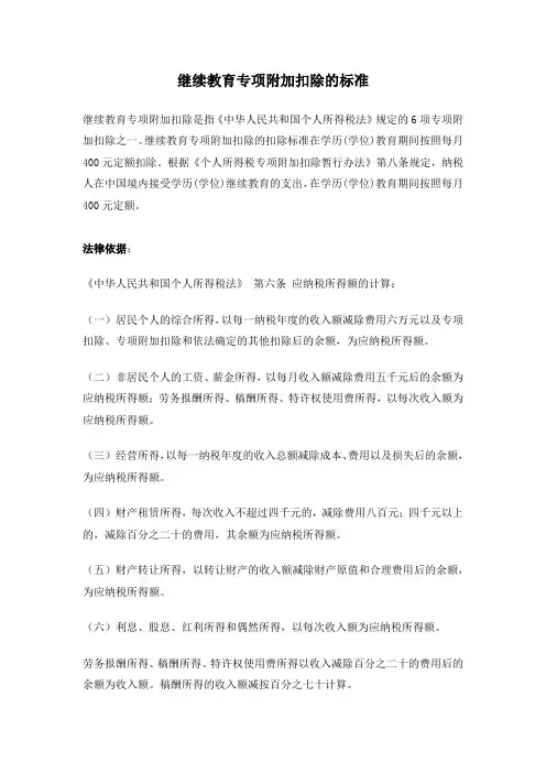 继续教育专项附加扣除的标准