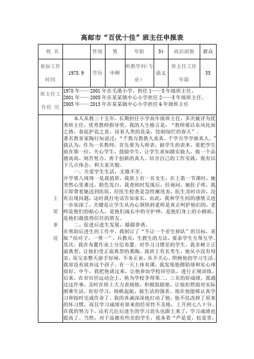 “百优十佳”班主任申报表