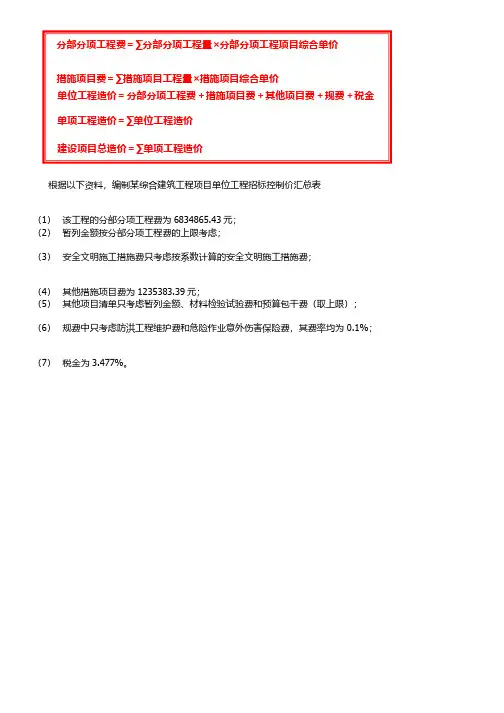 单位工程招标控制价汇总表计算