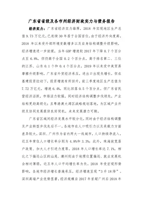 2019年广东省省级及各市州经济财政实力与债务报告