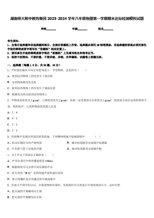 湖南师大附中教育集团2023-2024学年八年级物理第一学期期末达标检测模拟试题含答案
