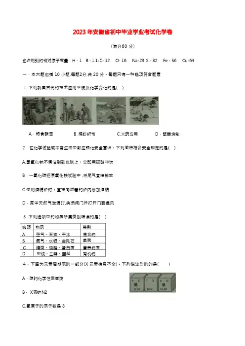 2023年安徽省中考化学真题试题含答案