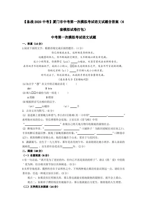 【备战2020中考】厦门市中考第一次模拟考试语文试题含答案(6套模拟试卷打包)