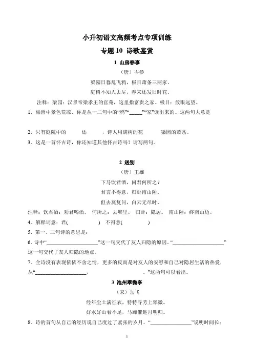 精编人教部编版统编版小升初语文高频考点《诗歌鉴赏》专项训练(含答案解析)