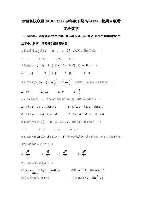 四川省蓉城名校联盟2018-2019学年高一下学期期末联考数学(文)试题