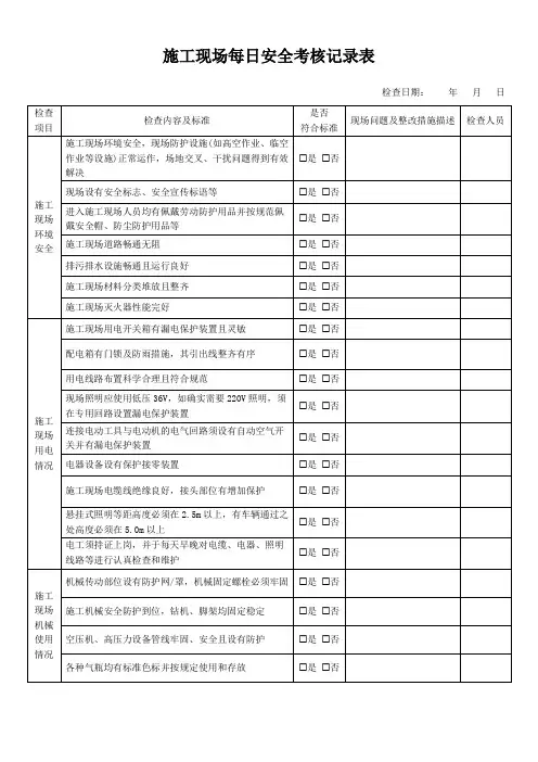 施工现场每日安全考核记录表