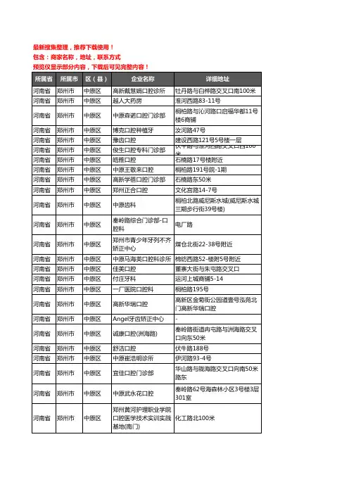 新版河南省郑州市中原区口腔企业公司商家户名录单联系方式地址大全200家