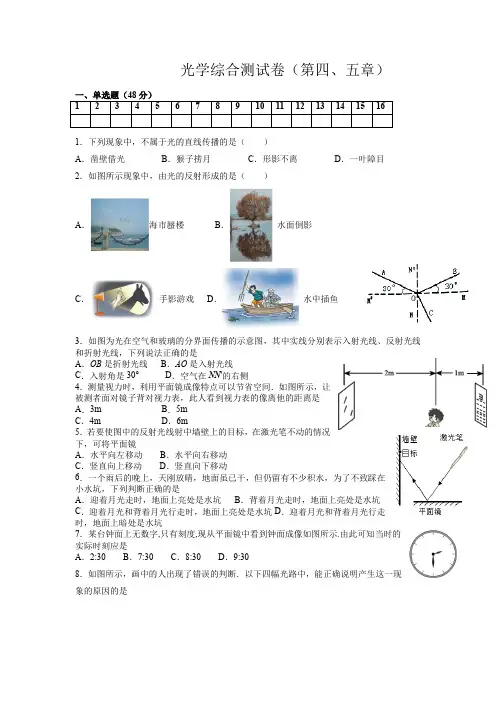 光学综合测试卷2021-2022学年人教版物理八年级上册