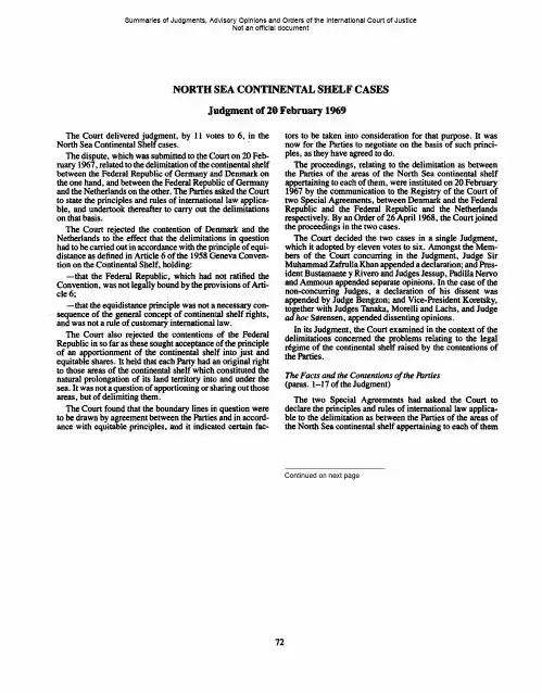 北海大陆架案判决(英文版)summary of the judgement of 20 February 1969